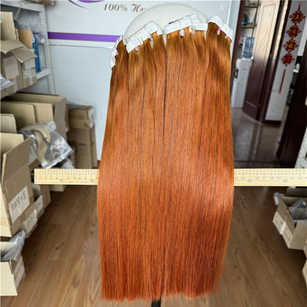 Indian virgin remy human hair long tape weft invisible tape in extension ginger orange color 