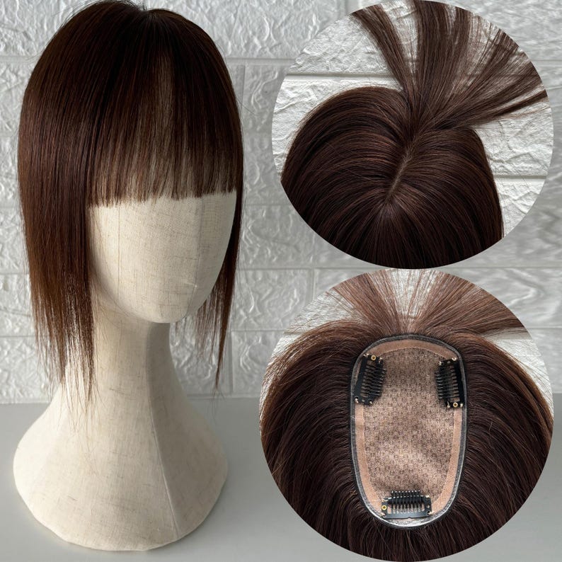 Human Hair Toppers for Real Human Hair for Thinning Hair 8x12cm Silk Base Hairpieces with Bang 130% Density Clip in Remy Hair Topper