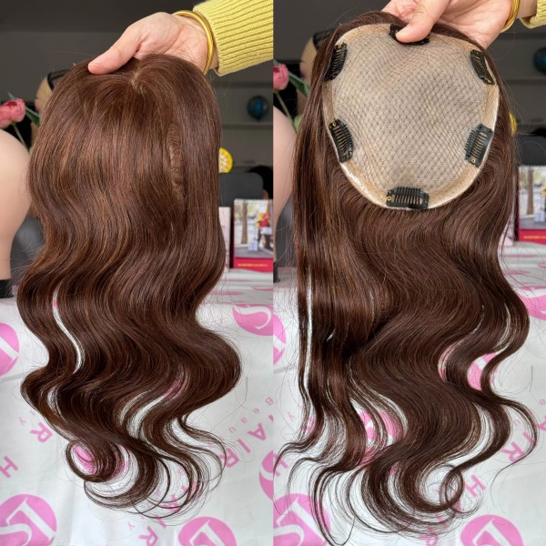 Indian virgin human hair body wave silk base toppers color 4 