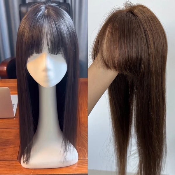 stock 14x16cm human hair toppers with bangs,free part full silk based human hair toppers for hair loss 150% density