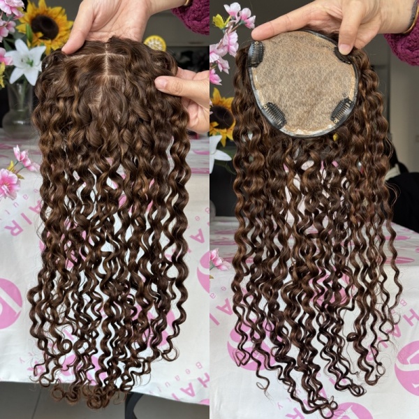 Highlights Curly Virgin Human Hair Topper full hand tied silk base 