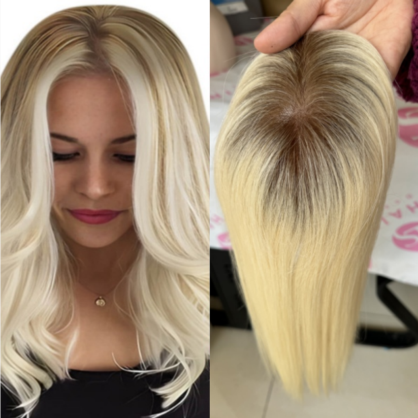  3x5inch Mono Topper European Raw Human Hair Piece Toupee with Clips #T10/613