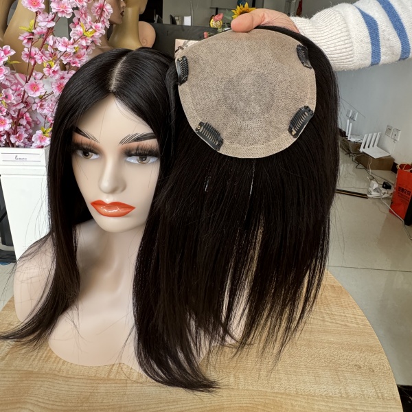6x7'' European Raw Human Hair Toppers Full Hand Tied Silk Straight Human Hair Silk Base Closure