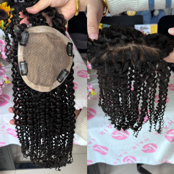 Kinky curly Silk Base Women Topper with Clips Virgin Human Hair Piece with bang 