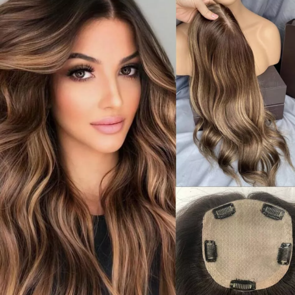 Highlight Brown Color Topper Luxury Virgin Human Hair Silk Top Hairpiece Hand-tied Silk Base Toupee for Women Hair Loss