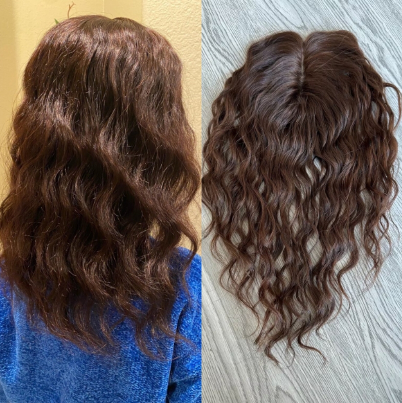 Water wave 12x14cm silk base topper chocolate brown silk based real human Curly Hair Topper