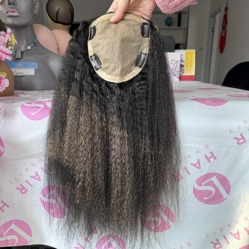 Human Virgin Human Hair Silk Base Topper 16inch Long Kinky Straight Texture for Women Thin Hair Loss Hair