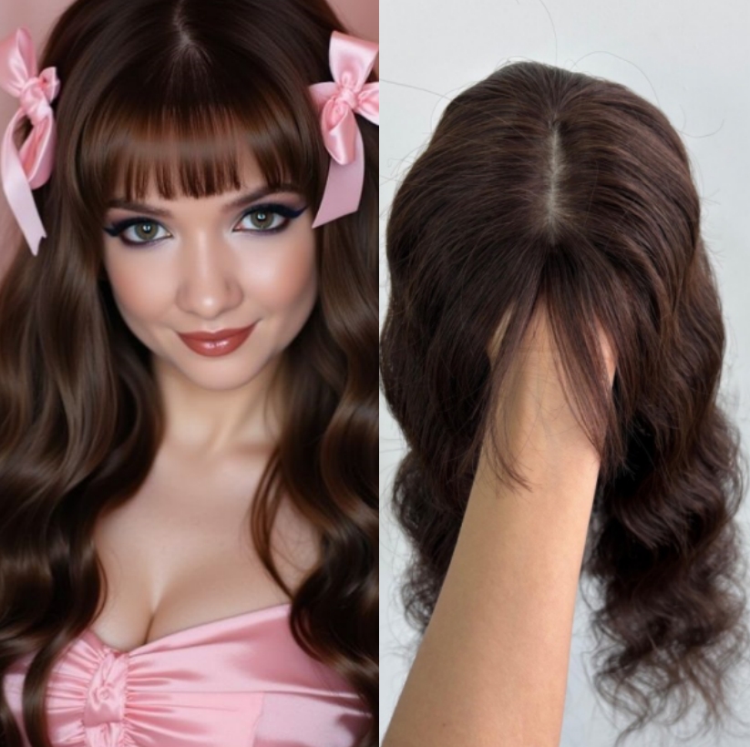 Straight Bang Human Hair Silk Base Topper Color 4 Brown European Raw Human Hair 