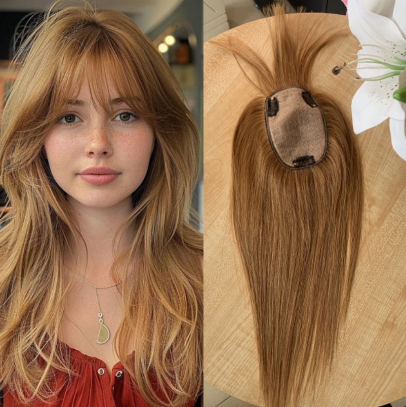 Honey Blonde 27 Color Human Hair 9x14CM Silk Base Topper With Bang for Women