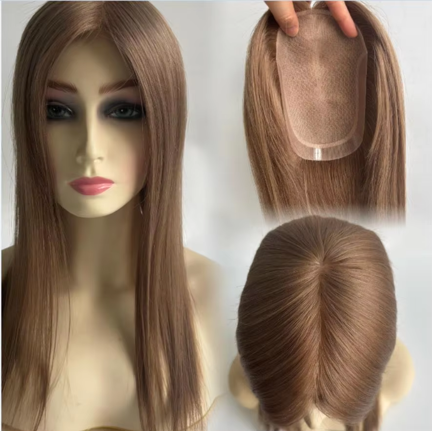 16 Inch 5x7'' Hand Tied Silk Base Hair Topper for Women Human Hair European Virgin Balayge Highlights Ombre Color