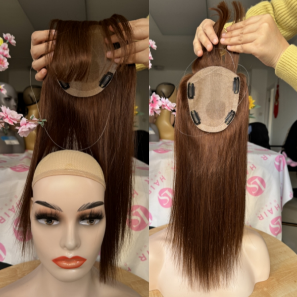 5x6'' Real Silk Base Hair Topper Brown Color European Raw Human Hair Female Pattern Hair Loss Alopecia Baldness Fall Fringe Bang