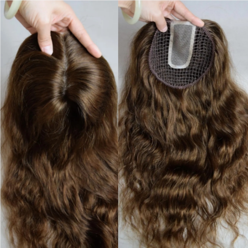 Medium Brown Natural Wave Fishnet Integrated Topper With Mono Top Breathable Integration Hair System For Thinning Hair European Raw Human Hair Topper 