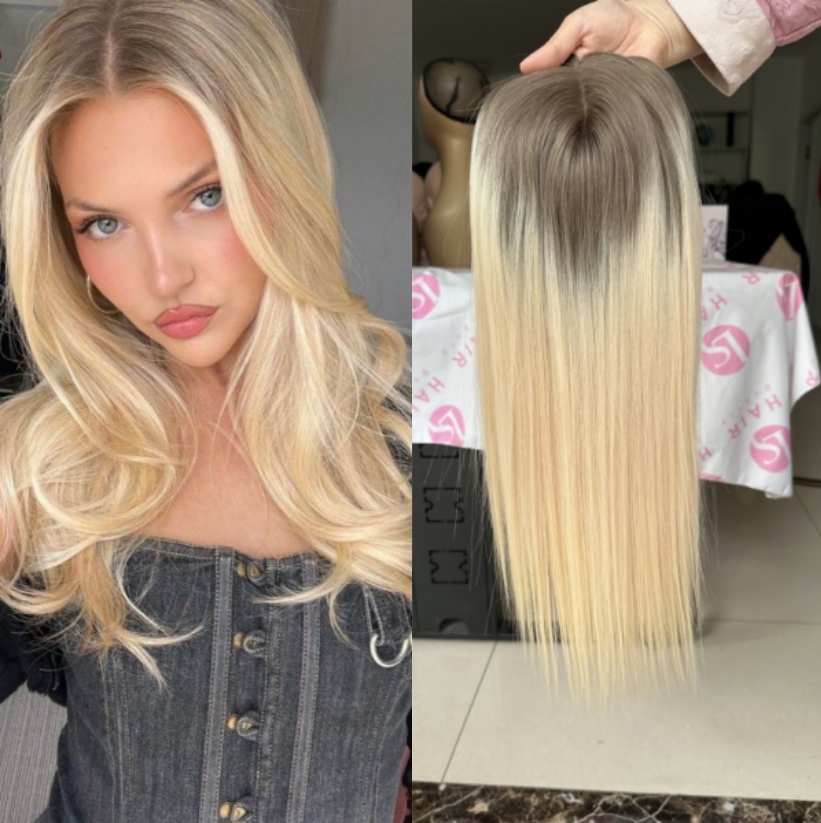 5x6.5'' mono Human Hair Topper Remy Clip Ins Blonde Color with Dark Roots European Human Hair 