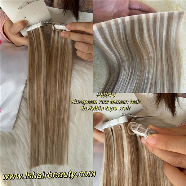 Long Invisible Tape weft hair extensions P8/613 European Raw Human Hair