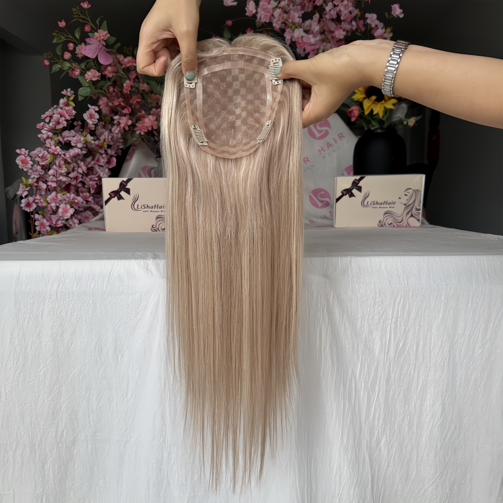Stock Mono Base Highlights Color Raw Human Hair Topper,Clip in crown topper for thinning hair,women toppers