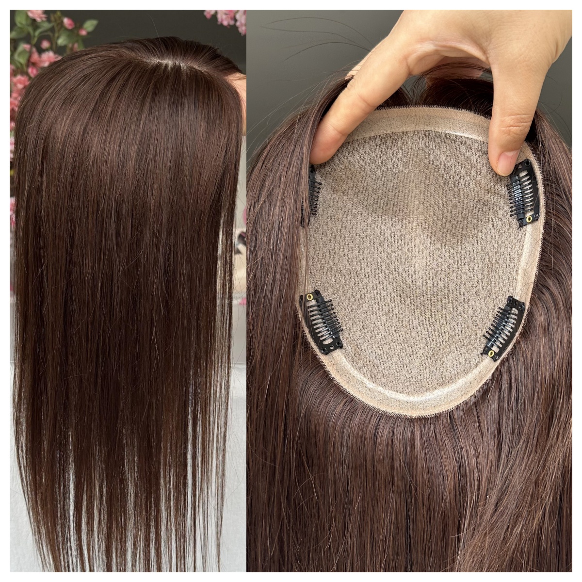 15x17cm Silk Topper Medium Brown Clip-In Hairpiece Natural Human Hair Toupee for Thinning Hair Hair Loss human hair silk base topper color 4 brown 