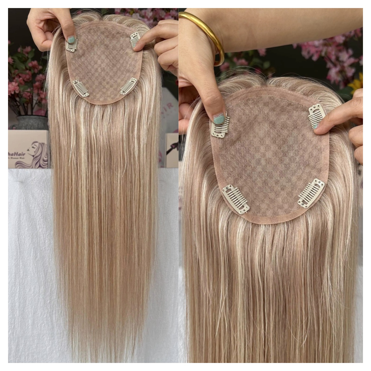 Virgin European Human Hair Cuticle Aligned Silk Base Toppers Highlights Color for White Women Toupee Topper