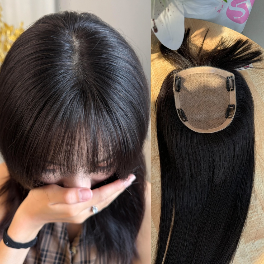 14x16cm full silk based human hair toppers with bangs for women thin hair or hair loss gift. 4 clips, Natural looking