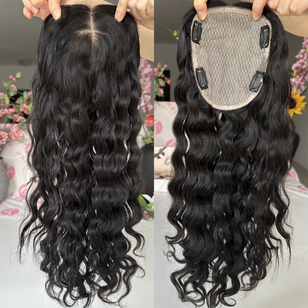 Natural wave real Human Hair Topper, Full Silk Base, 20" Black Hairpiece for hair loss or volume,free part