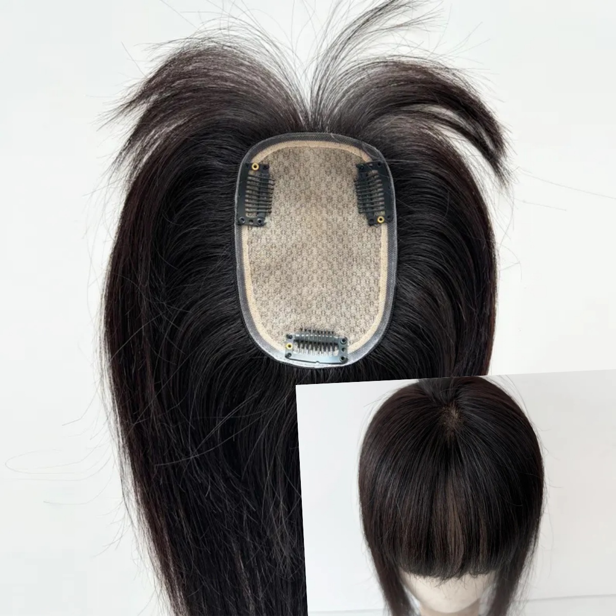 Dark Brown Color Human Hair 9x14CM Silk Base Topper With Bang for Women