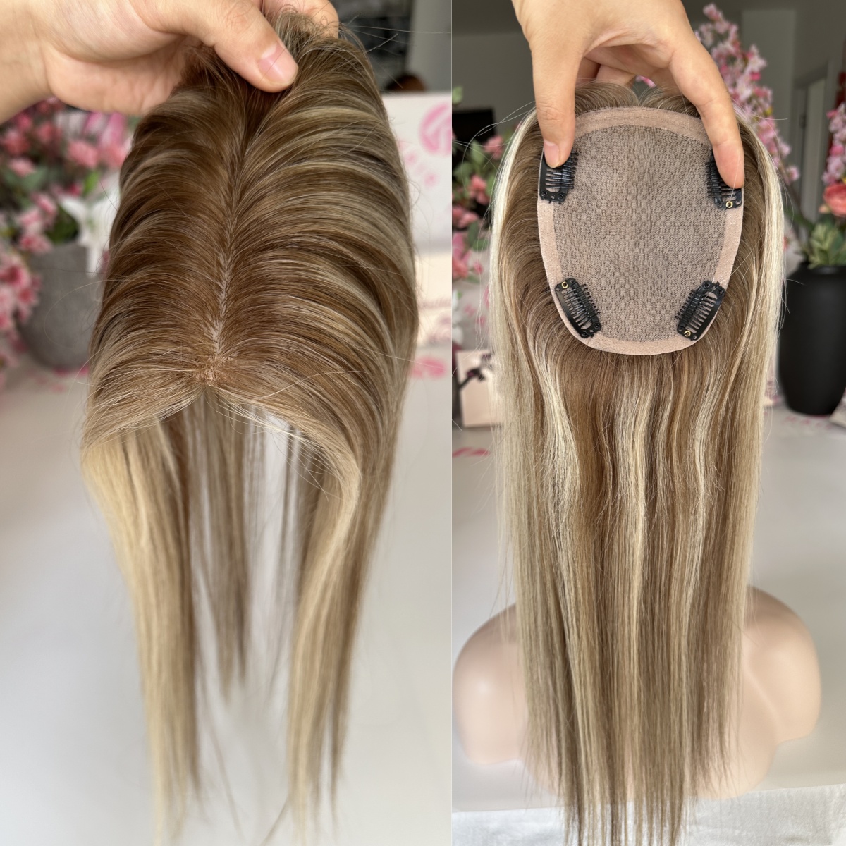 Wholesale 16 Inch 4x5 European Raw Virgin Real Human Hair Silk Base Topper PU Skin Toupee for Baldness Alopecia Loss Balayage
