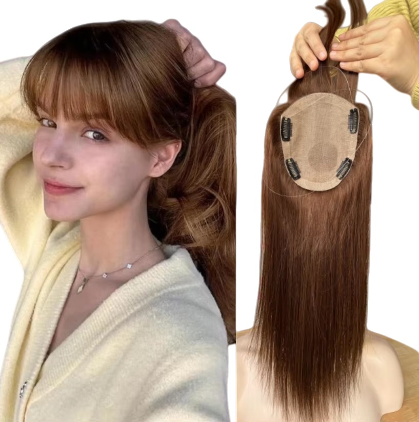 5x6'' Real Silk Base Hair Topper Brown Color European Raw Human Hair Female Pattern Hair Loss Alopecia Baldness Fall Fringe Bang