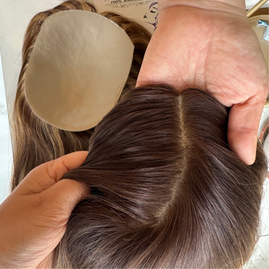 Custom-made Thick Silicone Toppers Injected Human Hair System Highlight Color Hair Topper for Hair Loss Clients