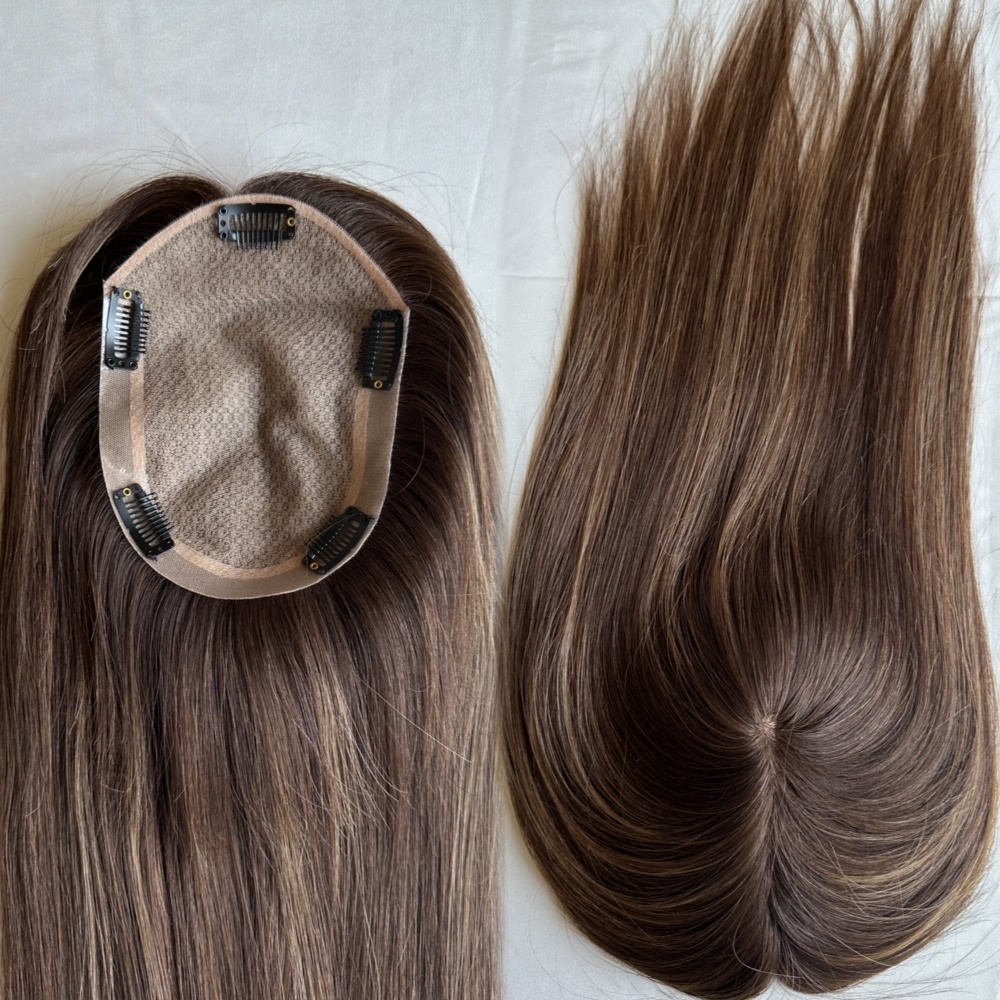 Ready to Ship European Raw Human Silk Base Topper 150% Density brown highlights color Hand Tied Invisible Knots